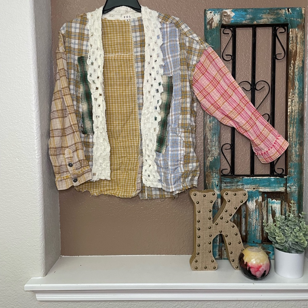 Multicolor Patchwork Plaid Overlay Cardigan with … - image 1